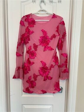 Pink Mesh Dress with Hot Pink Floral Appliqué